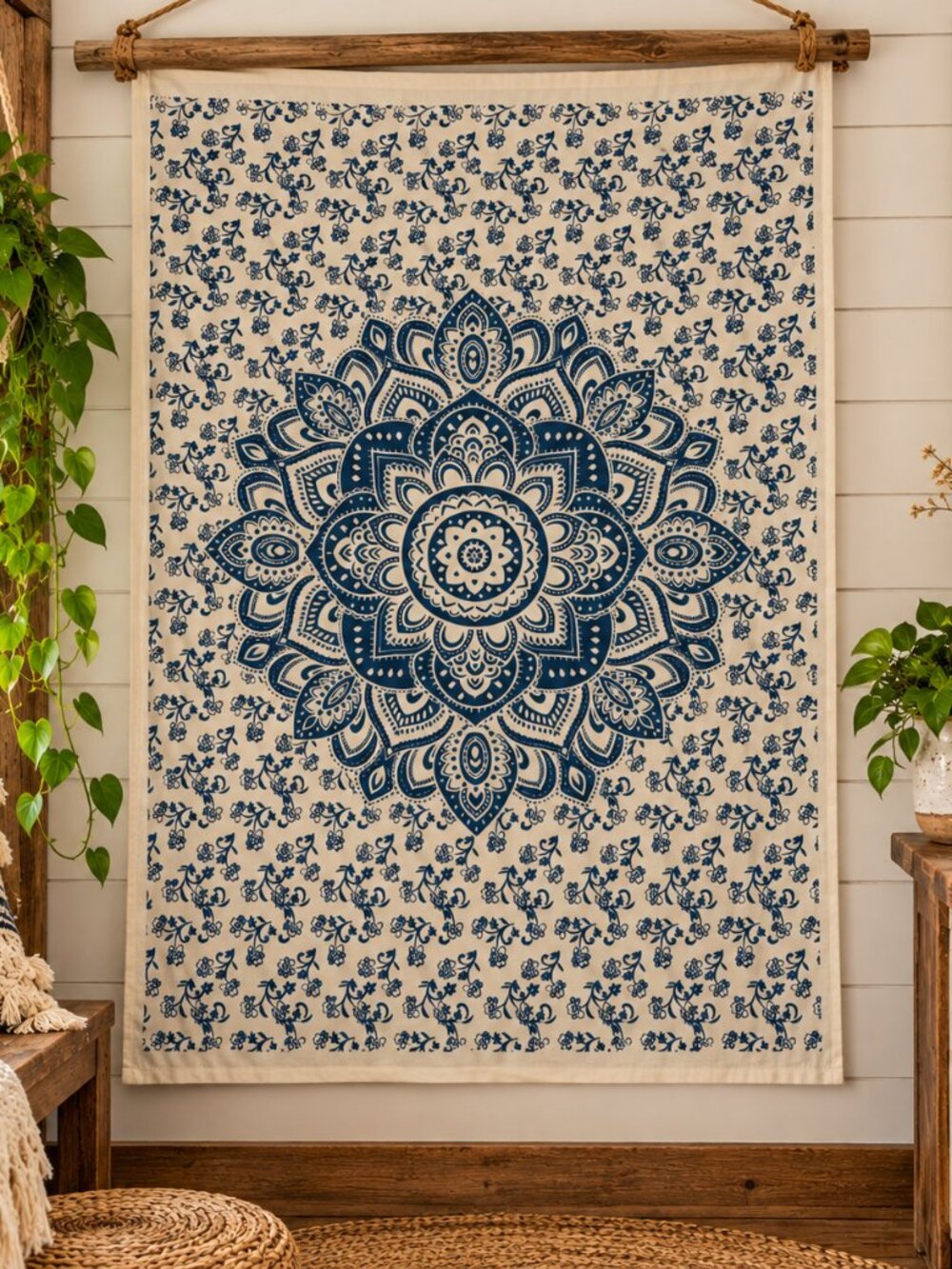 NWT Cotton White/Blue Mandala Tapestry